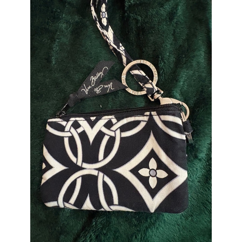 Vera Bradley Black White Geometric Zip ID Case Wallet and Lanyard Set